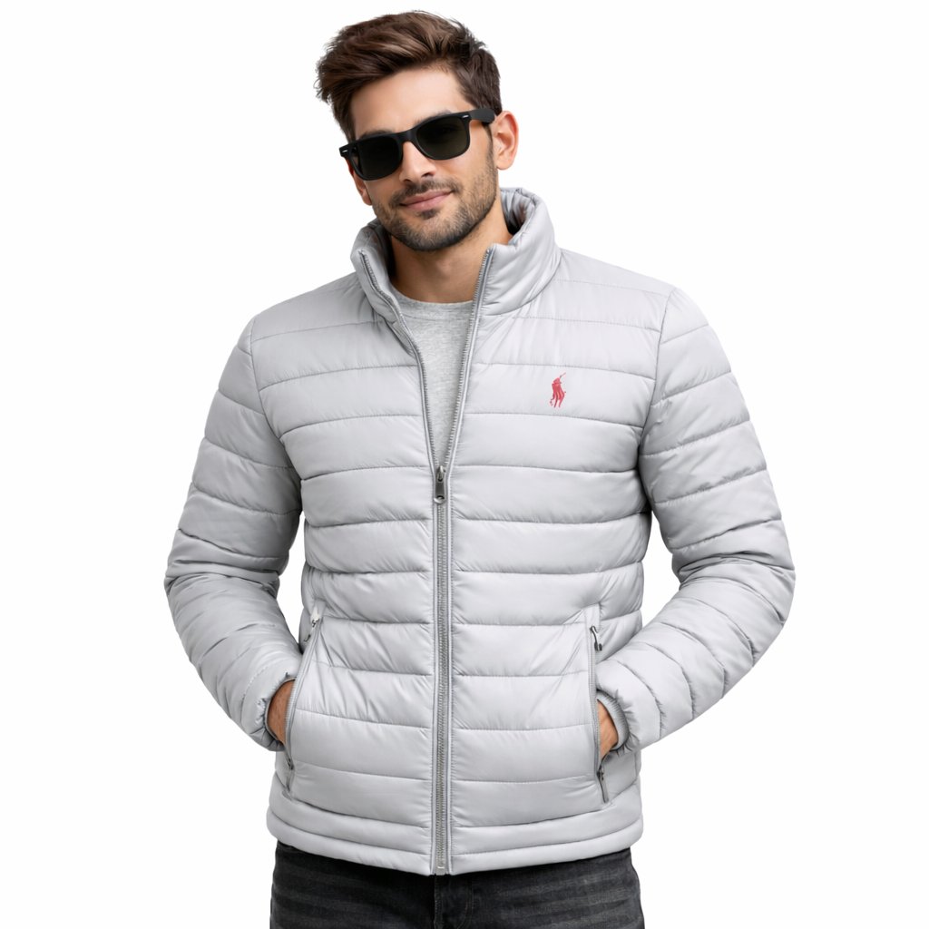 Men’s Polyester Embroidered Puffer Jacket – Winter Ban Collar Jacket